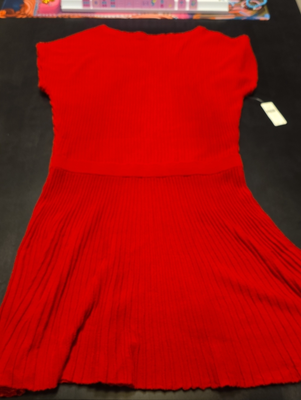 Anthropologie Bright Red Ribbed Short-Sleeve Fit & Flare Dress